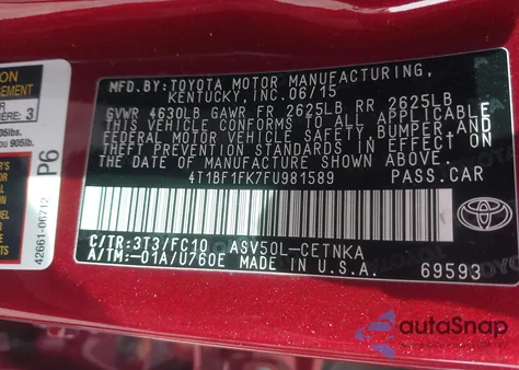 2015 Toyota Camry Le z USA, uszkodzony, nr VIN 4T1BF1FK7FU981589